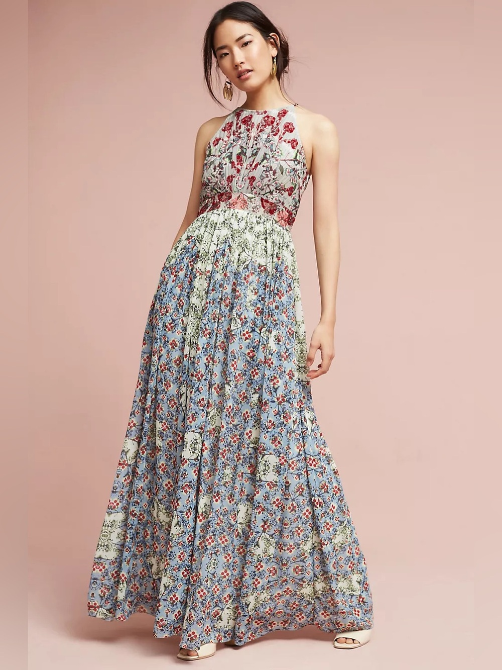 Halter Floral Maxi Dress in Blue, Red, and Cream